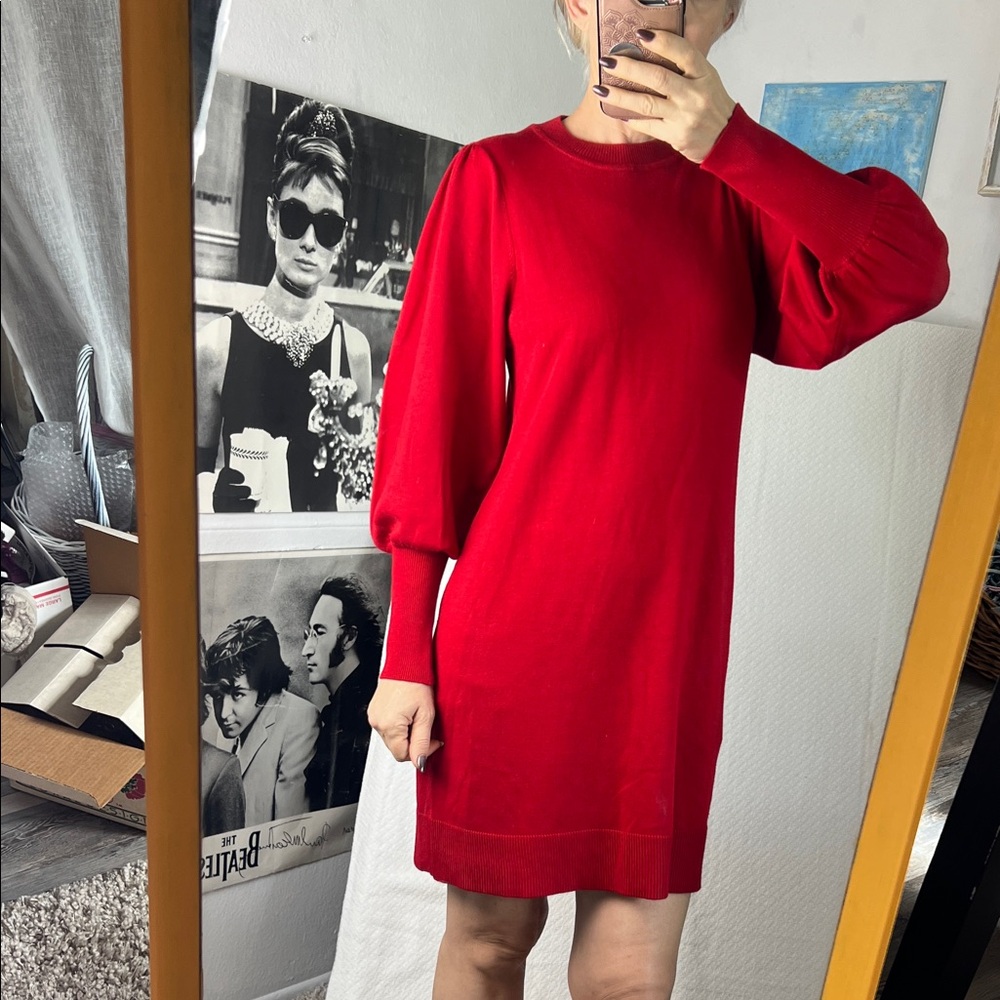 Vince Camuto Womens Crewneck Sweater Dress Red Vibrant Long Puff Sleeve Sz. S - Picture 9 of 12